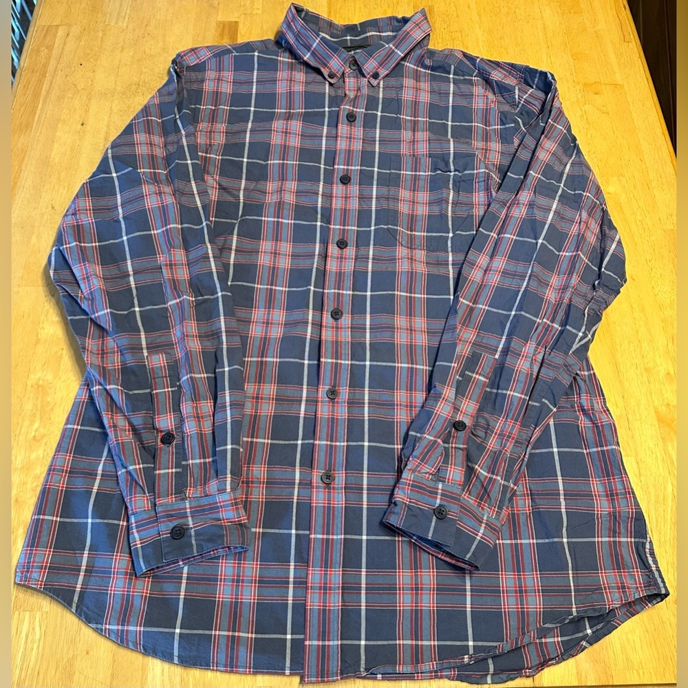 Columbia Shirt Mens Large Tall Red Blue Plaid Button Up Long Sleeve Outdoor Used